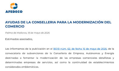 Subvenciones de 3,3 millones de euros para la modernización del comercio en Baleares.